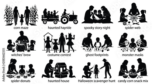 Bild auf Leinwand Set of halloween family activity silhouettes showing fun autumn holiday events f