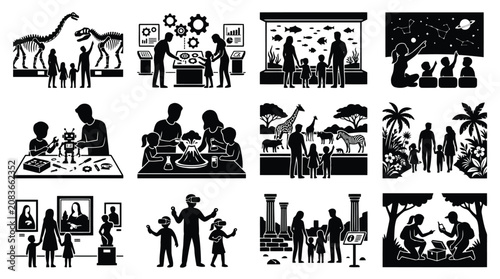 Foto Set of black silhouette icons of family and children visiting educational places