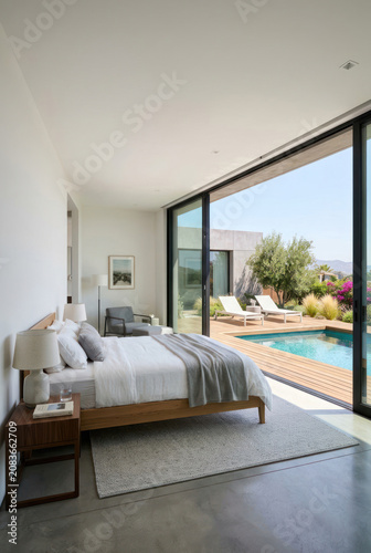 Bedroom in a villa with access to a swimming pool