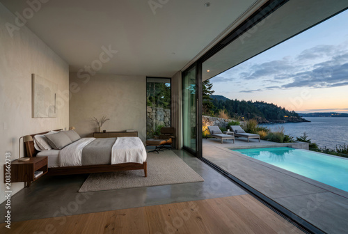 Bedroom in a villa with access to a swimming pool