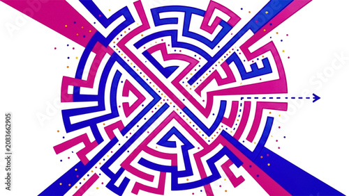 Holiday Maze Vector Sheet, Bright poster with geometric maze, pink and blue, modern decor for classroom and kindergarten

