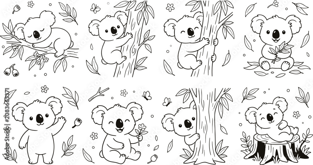 Obraz premium Cute Koala Illustrations in Various Poses with Trees, Leaves, and Forest Elements for Coloring and Wildlife Design