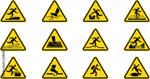 Set of yellow triangular hazard warning signs featuring stick figures in various accident scenarios like tripping, falling, or slipping