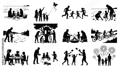 Tableau sur toile Set of happy family silhouettes engaged in various outdoor summer activities and