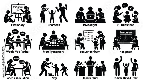 Obraz na plátně Set of black stick figure icons representing various family party games and fun