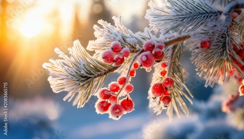 Frost-covered pine branch with red berries glowing in winter sunrise light