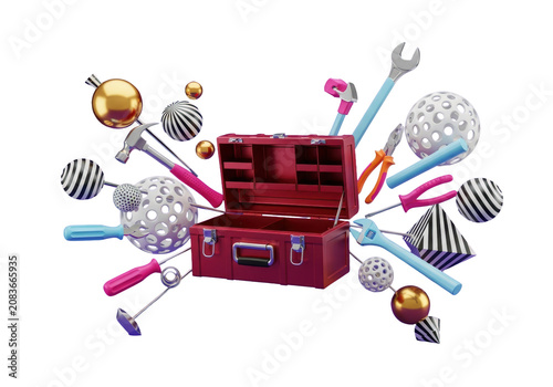 A hyper-realistic 3d render of an open, deep crimson metallic toolbox with visible compartments, surrounded by floating neon pink and pastel blue hand tools and geometric abstract elements against a