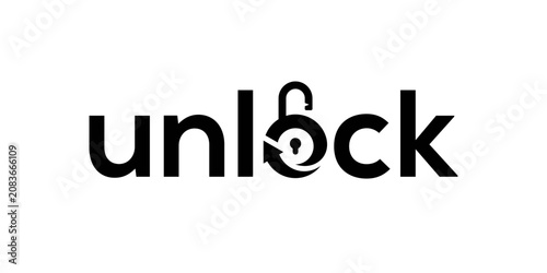 Unlock logo design with unlock lettering typography and security padlock