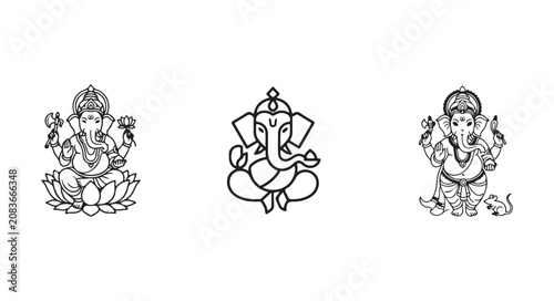 Bild auf Leinwand Ganesha line art set three black and white illustrations of hindu deity