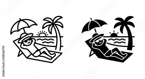 Relaxing Beach Vacation Icons: Sunbathing Man, Palm Tree, Umbrella, Ocean Sunset, Vector Set