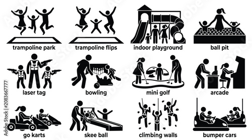 Obraz na płótnie Set of black icons showing family fun activities at an indoor amusement park or