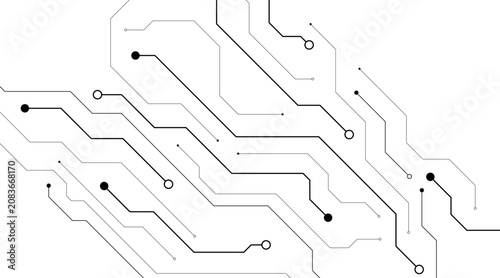Bild auf Leinwand Detailed black circuit board schematic with interconnected lines and circular no