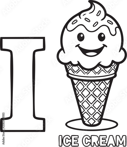 Letter I for Ice Cream Coloring Page for Kids Alphabet Learning Worksheet, Printable Ice Cream and Letter I Coloring Page Black and White Line Art