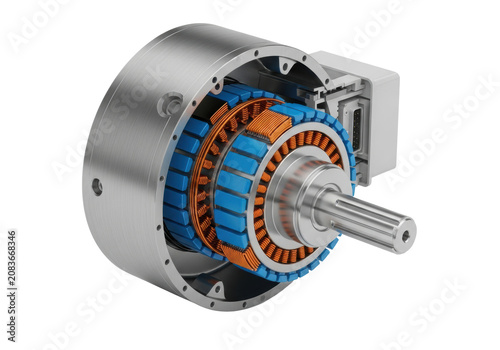 Hyper-detailed 3d exploded cross-section of a pmsm motor, matte grey casing, vibrant blue rotor, and orange copper windings on white. Concept of precision industrial technology
