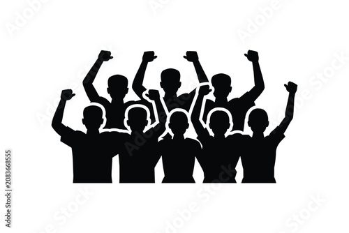 Black silhouette vector graphic showing a joyful crowd of people cheering with arms raised high in the air representing success celebration victory happiness unity social gatherings and sports fans un