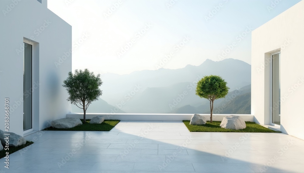 Fototapeta premium Modern minimalist terrace with white walls and geometric trees overlooks misty mountain range. Two small trees and rocks on green lawn patches. Clean outdoor space offers serene valley view.