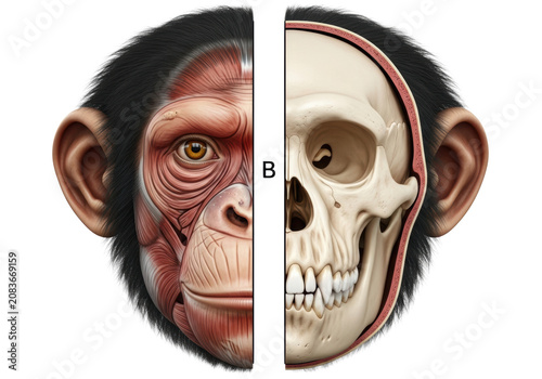 highly detailed 3d medical illustration of a chimpanzee head, sagittally bisected showing hyper-detailed musculature and internal skull on a stark white background with copy space, concept of
