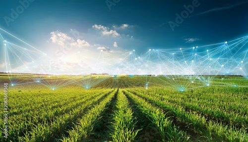 lush green crop rows in vast agricultural field under bright sunny sky with digital network mesh overlay concept for smart farming technology agricultural innovation and digital agritech