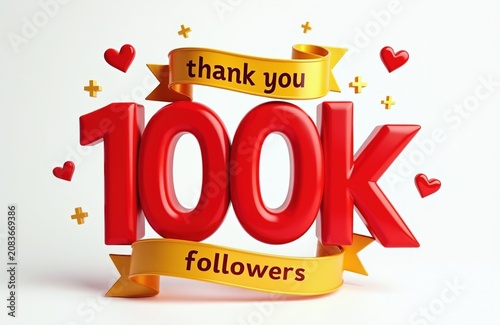 Big red 100k numbers with golden ribbon text thank followers. Hearts, crosses float around. Social media success milestone, influencer achievement, online community growth, fan appreciation,