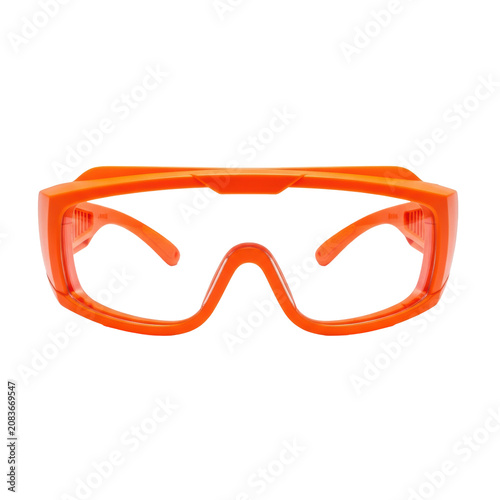 Macro studio shot of modern safety glasses with vibrant matte orange thermoplastic frames and clear wraparound lenses against a transparent background, concept of industrial protection