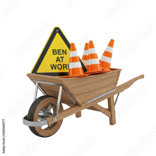 A hyperrealistic 3d rendering of a rustic wooden wheelbarrow filled with safety orange traffic cones and a yellow 'men at work' sign, isolated on a white studio background. Concept of road