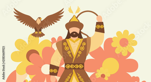Tableau sur toile Central Asian falconer with bird of prey vector illustration