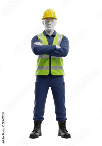 a confident, professional 3d rendered construction engineer mascot in a yellow hard hat and reflective vest, standing rigidly against a transparent studio background with copy space. concept of