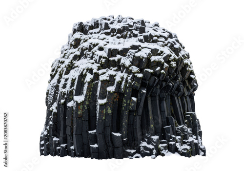 massive, monolithic volcanic basalt boulder covered in thick transparent snow and subtle lichen, sharply isolated against a pure black background. concept of geological winter texture
