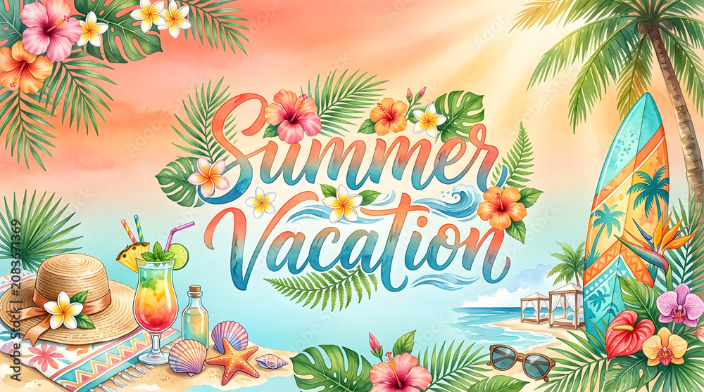 Fototapeta premium Summer vacation paradise tropical beach scene watercolor art with summer time vacation tropical