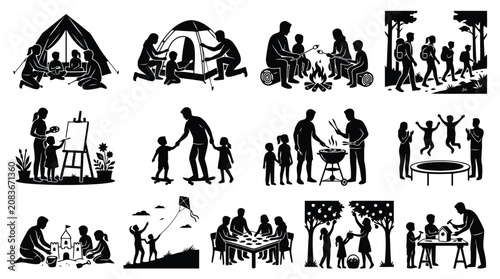 Bild auf Leinwand Family activities and camping silhouettes set for outdoor summer recreation and