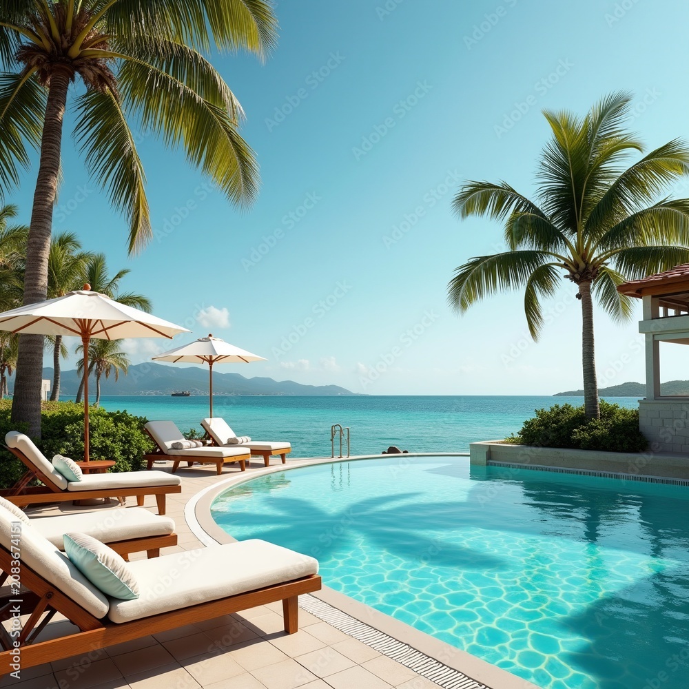 Fototapeta premium Luxury tropical resort swimming pool with palm trees and ocean view
