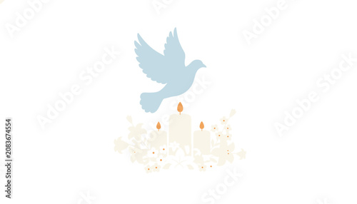 Peace concept art showing a flying white dove above lit candles surrounded by blooming flowers, symbolizing hope, memory, or spirituality.