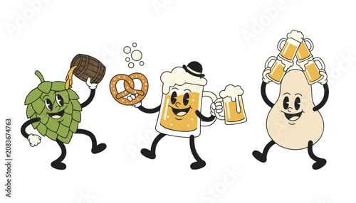 Cheerful cartoon characters featuring a hop plant, a glass of beer holding a pretzel, and a fruit character celebrating with beverages.