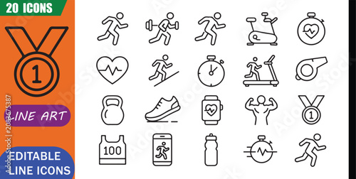Photos Isolated running cardio icons set, jogging, 20 editable line art icons set, runn