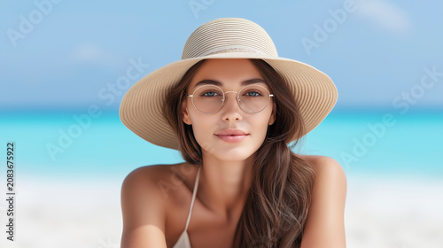 Beautiful young woman with long brunette hair wearing straw hat and round wire-frame eyeglasses looking blurred turquoise sea beach background