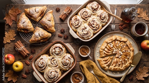 Delicious homemade autumn baked goods including cinnamon rolls and apple pies