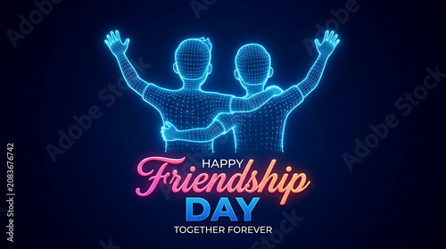 Friendship Day greeting banner with cyber technology network icon, 3d digital glowing wireframe boy characters hugging, together forever concept