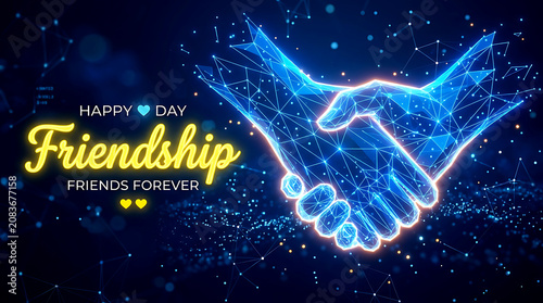Friendship Day greeting card with digital handshake icon, cyber connection, technology network, future partnership and friends forever concept