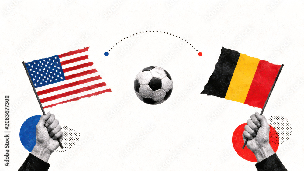 Obraz premium Belgium and USA football match graphic with national flag colours, collage style illustration
