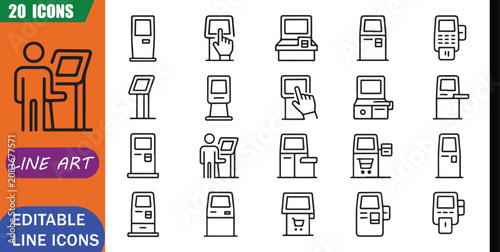 Fotografie Isolated kiosk icons set, 20 editable line art icons set, kiosk, self service te