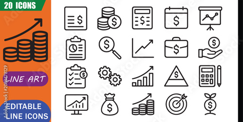 Photos Business budget icons set, 20 editable line art icons set, business budget, fina