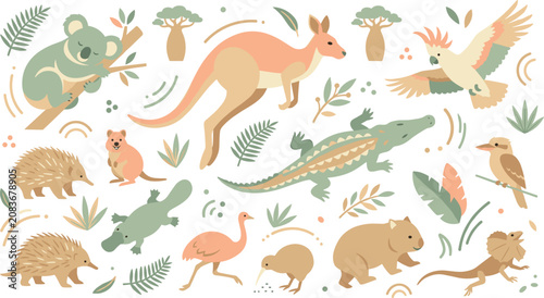 Photography Boho Australian Wildlife Vector Element Set Featuring Kangaroo, Koala, Wombat, P