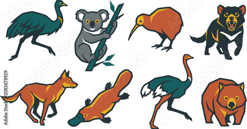 Tableau sur toile Geometric Australian and Oceania Wildlife Vector Icon Set Featuring Koala, Tasma