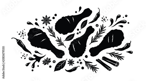 Canvastavla Fried chicken legs with spices and herbs silhouette on transparent background