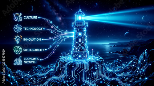 Lighthouse business infographic banner with futuristic neon glowing digital lighthouse emitting light beams connected to icons for culture technology innovation sustainability and economic growth vect