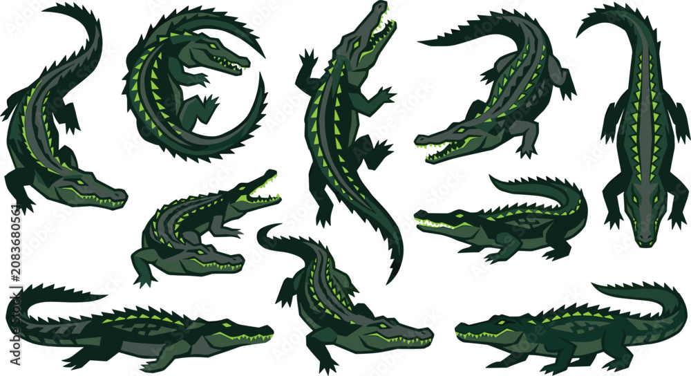 Fototapeta premium Dark Crocodile and Alligator Mascot Vector Element Set with Glowing Green Scale Highlights Featuring Aggressive Poses for Esport and Creative Graphic Designs