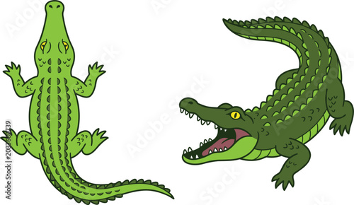 Obraz na płótnie Green Crocodile and Alligator Vector Element Set Featuring Top View Flat Reptile