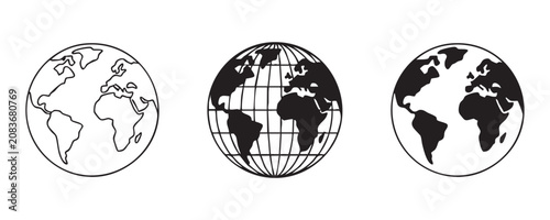 Set of globes showing continents for global communication and travel concept.