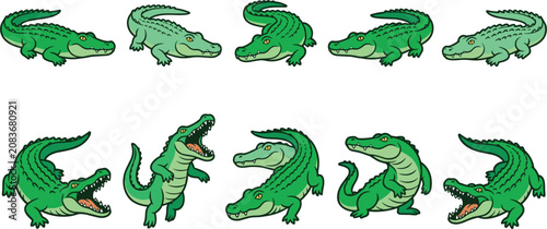 Cute Cartoon Crocodile Vector Character Element Set Featuring Green Alligator Mascot in Various Dynamic Poses for Children Illustration and Comic Graphic Designs