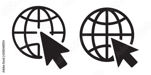 Black outline globe icons with mouse cursor arrows pointing at them for internet browsing websites.